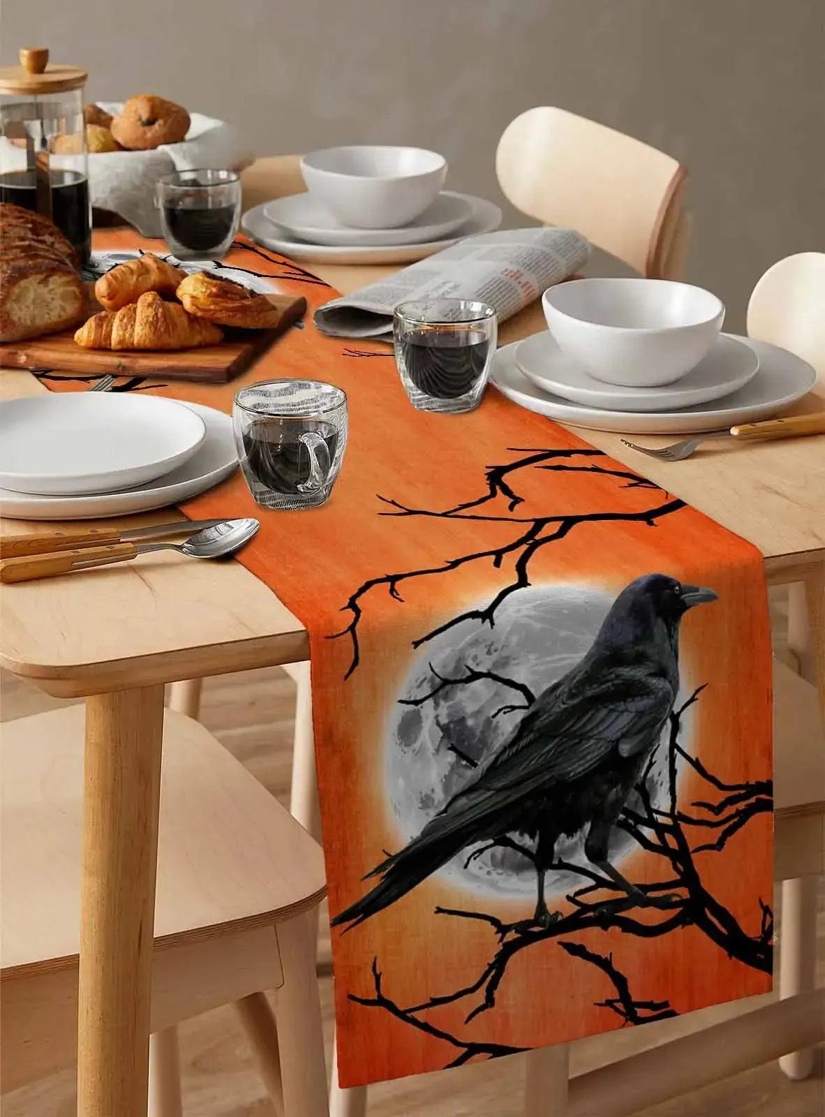 Moon Branches Crow Gothic Table Runner for Halloween Table Decor - Witchy Raven Table Runner-MoonChildWorld