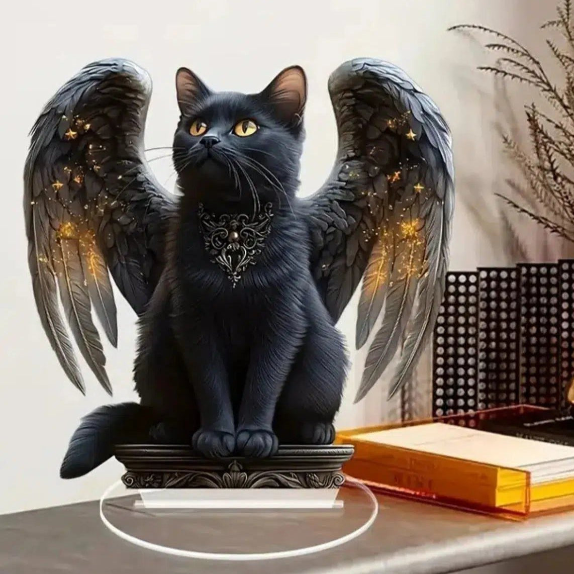 Witchy Black Cat Statue 2D Flat Acrylic Table Ornament Gothic Cat Desktop Decor-MoonChildWorld