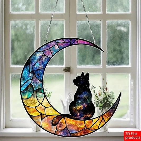 Black Cat Suncatcher Moon Cat Hanging Ornament Window Decorations for Cat Enthusiasts