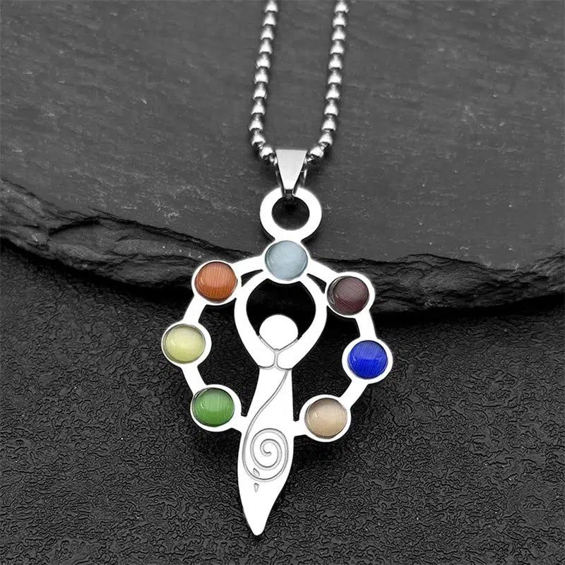 7 Chakra Stones Pagan Goddess Necklace Spiritual Healing Amulet Jewelry-MoonChildWorld