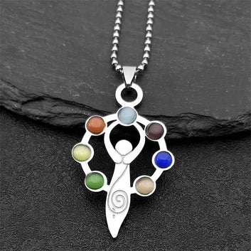 7 Chakra Stones Pagan Goddess Necklace Spiritual Healing Amulet Jewelry