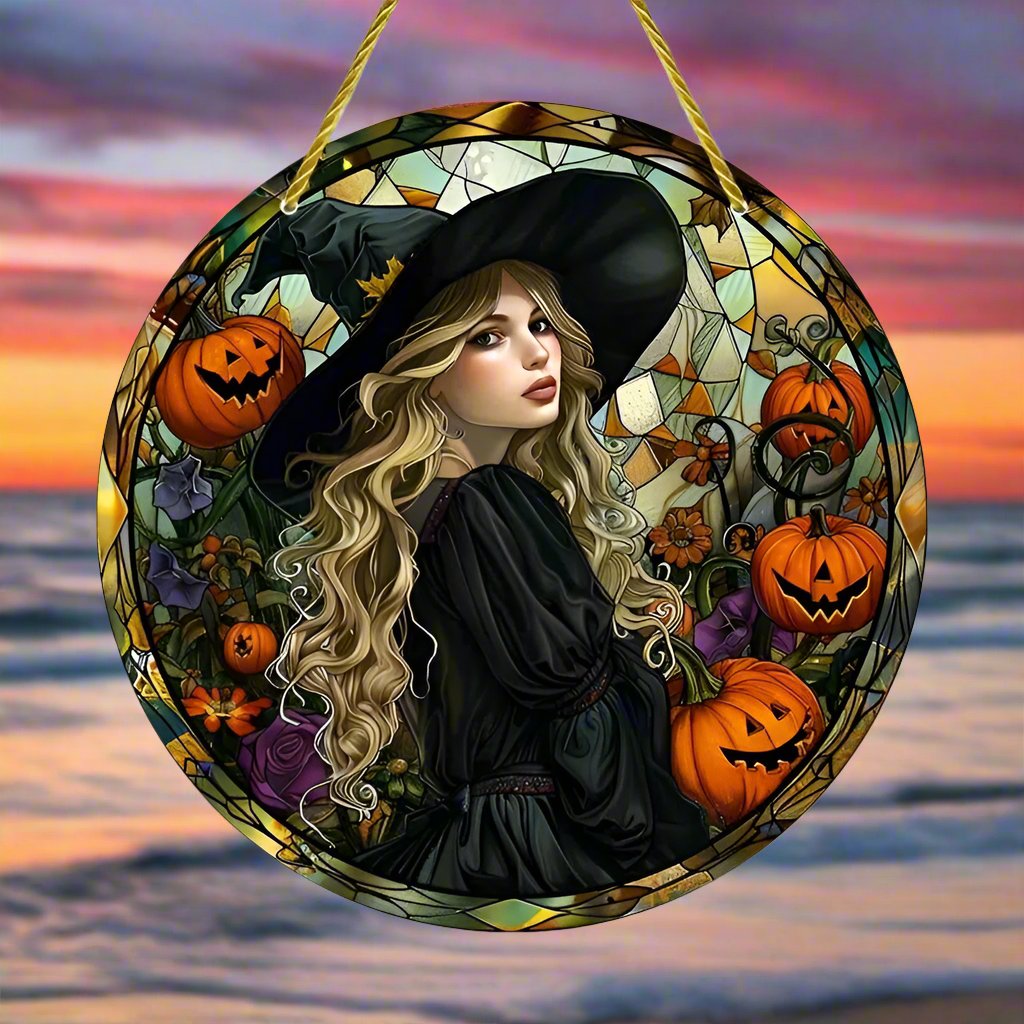 Pumpkin Witch Suncatcher For Halloween Witchy Window Hanging-MoonChildWorld