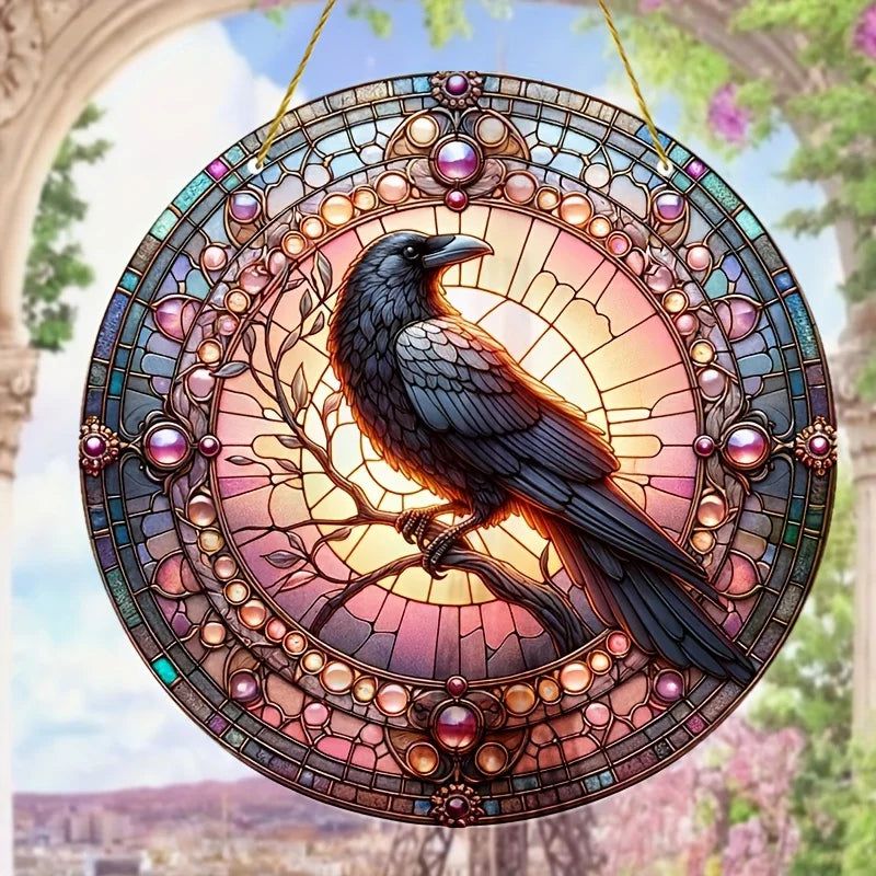 Black Raven Suncatcher Dark Crow Witchy Acrylic Round Sign Gothic Home Decor-MoonChildWorld