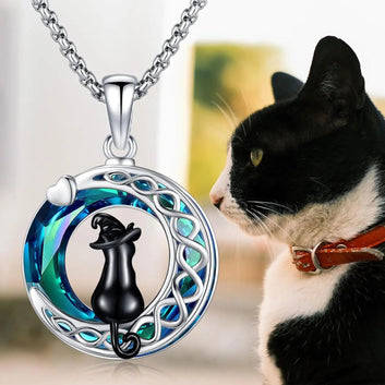 Witchy Black Cat Necklace 925 Sterling Silver Crystal Cat Necklace Celtic Jewelry