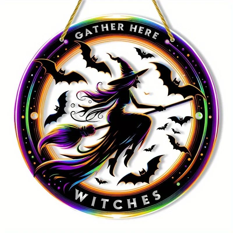 Dark Witch Suncatcher Halloween Acrylic Round Sign Gothic Home Decor-MoonChildWorld