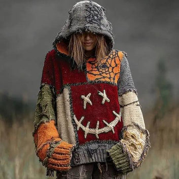 Gothic Halloween Oversized Sweaters Horror Black Cat Sweater O Neck Hooded Pullover