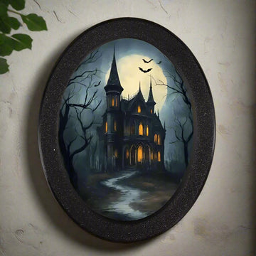 Gothic Castle Wooden Oval Frame - Spooky Oval Wall Art - Halloween Wall Decoration-MoonChildWorld