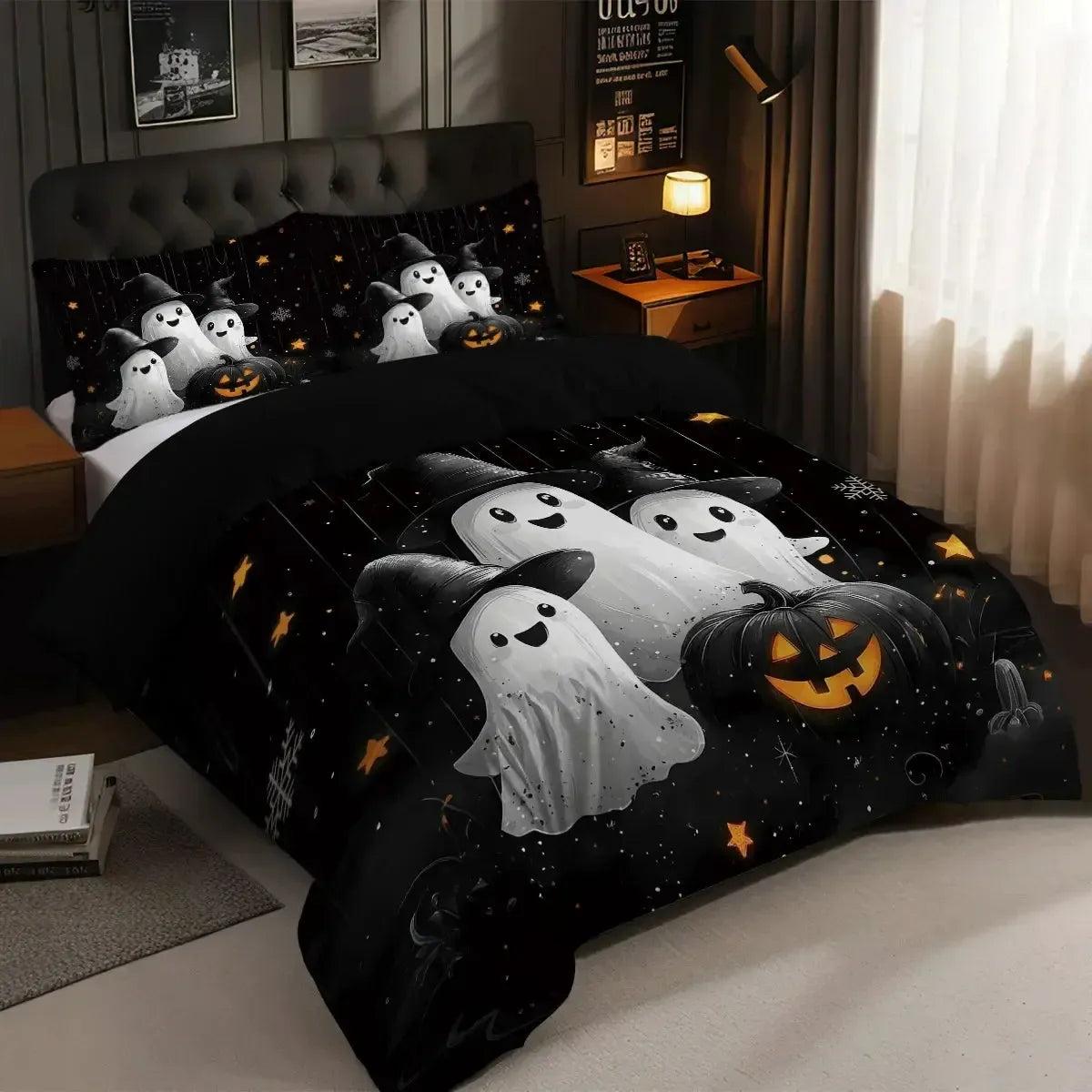 Spooky Pumpkin Cute Ghost Duvet Cover Set Halloween Bedding Set Witchy Home Decor-MoonChildWorld