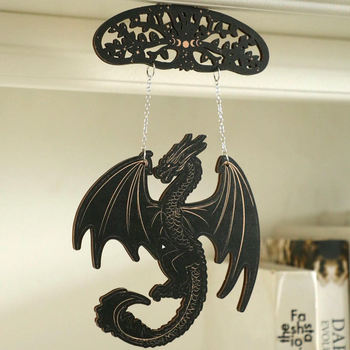 Gothic Black Wooden Dragon Hanging Ornament - Spirit Tree Moon Phase Wall Decoration Wicca Home Decor-MoonChildWorld