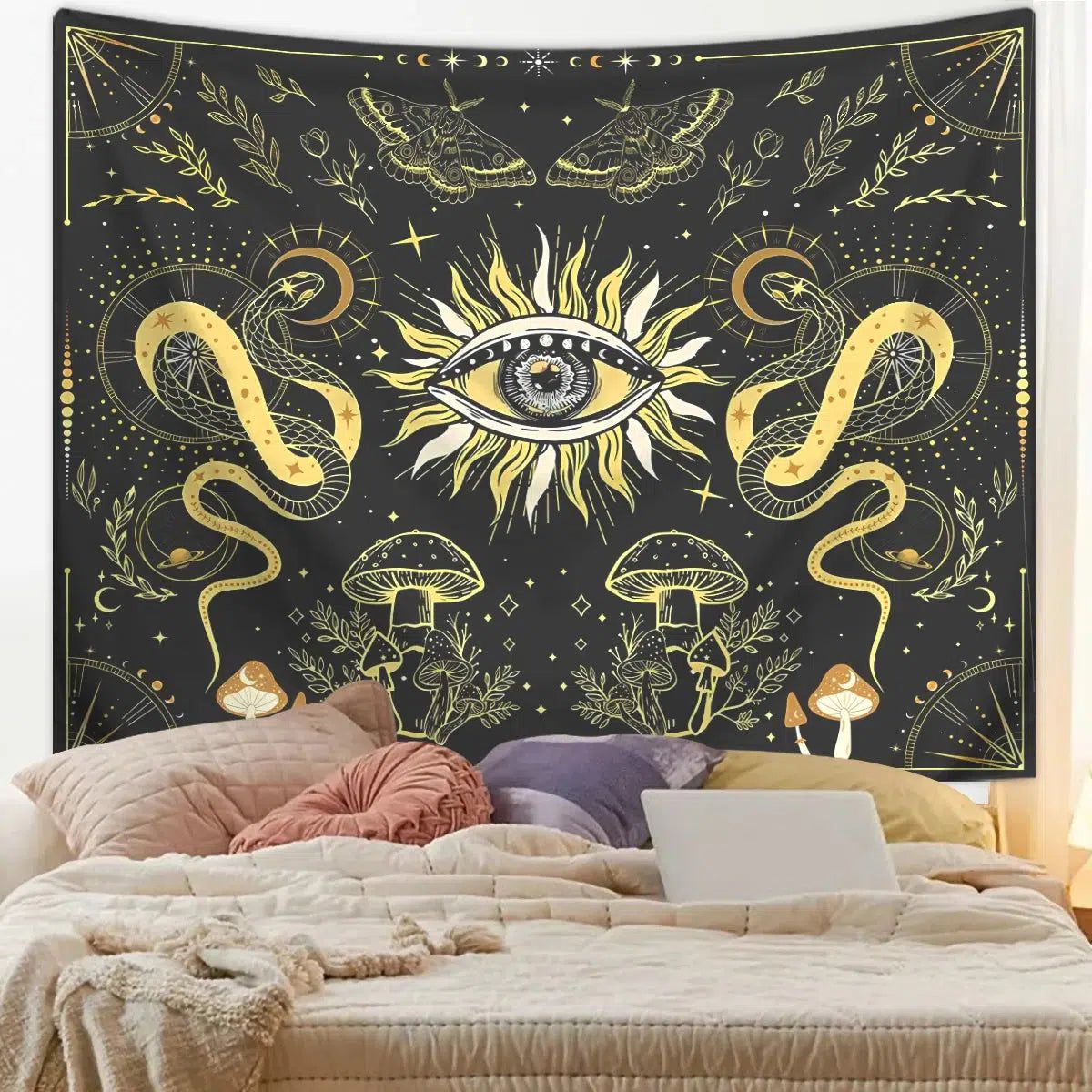 Sun eyes Magic moth mushroom snake tapestry Hippie tapestry-MoonChildWorld