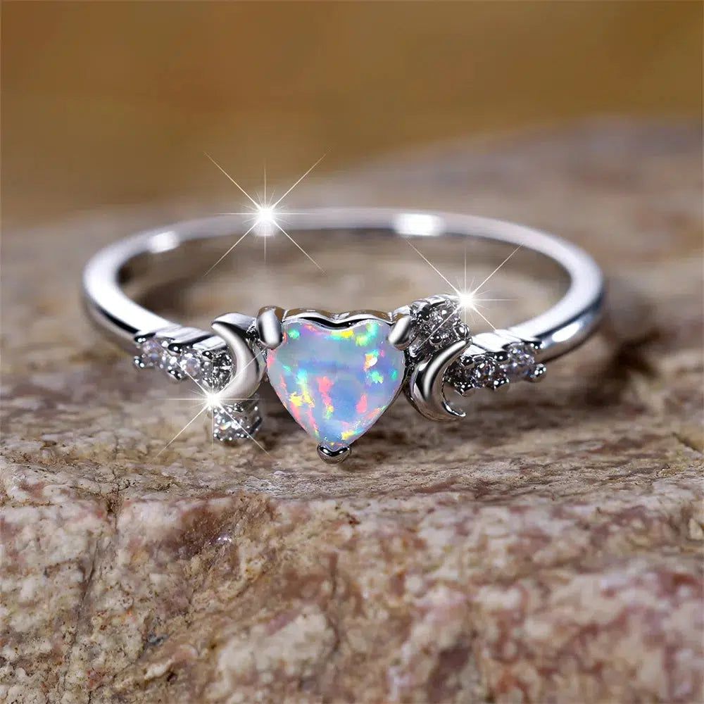 White Opal Heart Triple Moon Ring-MoonChildWorld