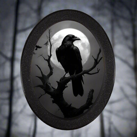 Moon Crow Retro Witch Wall Art - Black Raven Gothic Wooden Oval Frame Halloween Wall Decoration