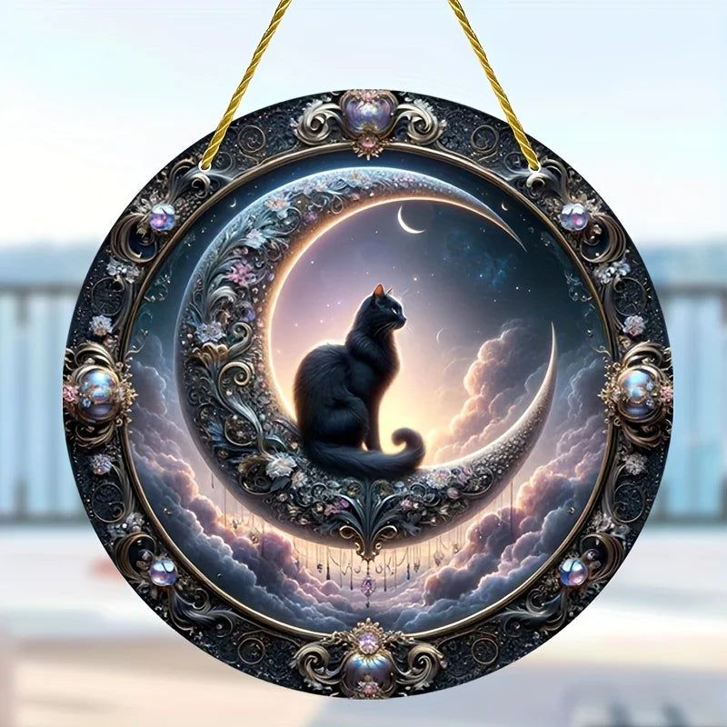 Magic Black Cat on the Moon Window Hanging Black Cat Acrylic Sign-MoonChildWorld