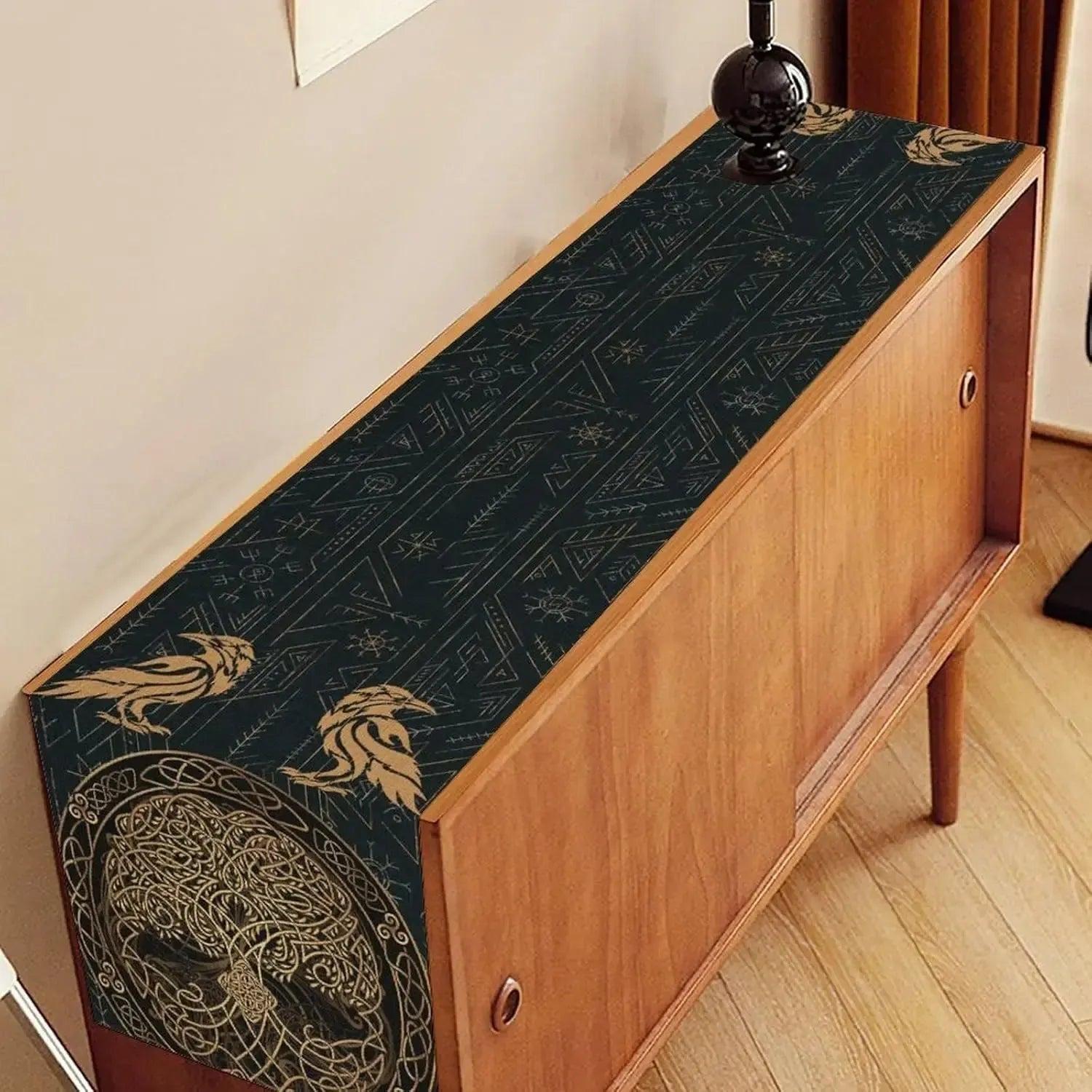 Norse Runes Viking Raven Wolf Linen Table Runner - Mythology Tree of Life Pagan Table Runners-MoonChildWorld