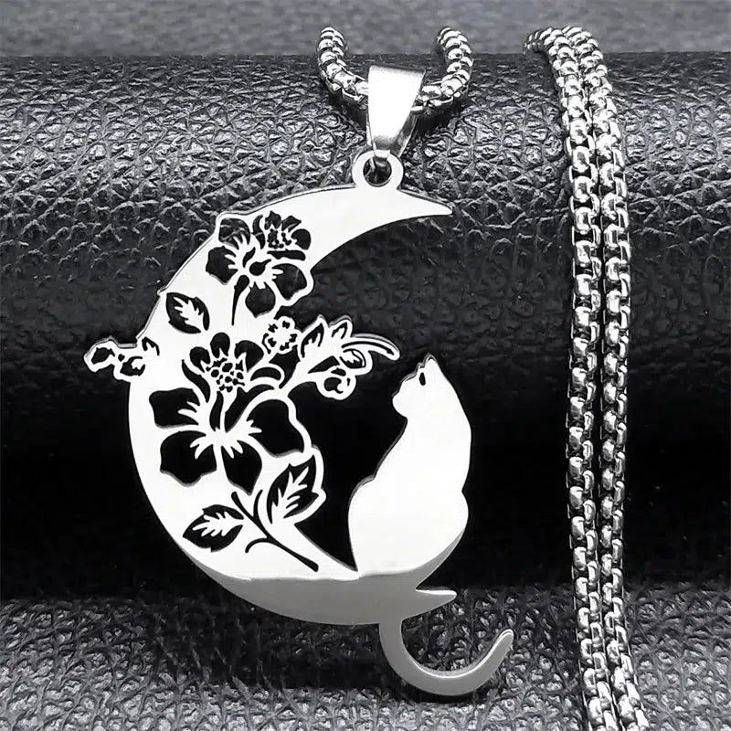 Aesthetic Flower Cat Moon Necklace-MoonChildWorld
