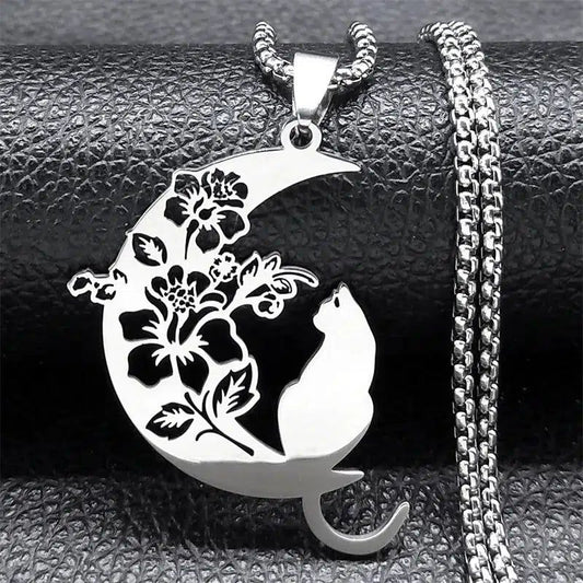 Aesthetic Flower Cat Moon Necklace