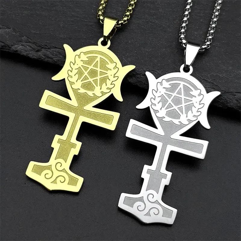Wicca Triskele Pentagram Triple Moon Goddess Necklace Egyptian Ankh Cross Necklace Witchcraft Jewelry-MoonChildWorld