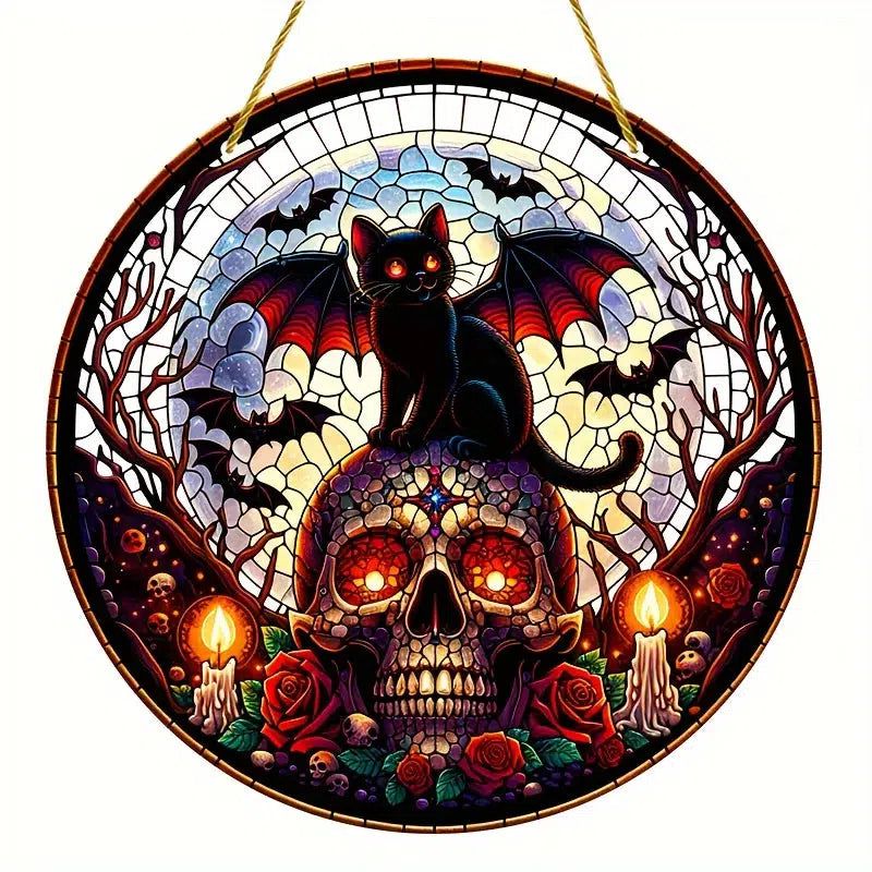 Winged Black Cat Skull Suncatcher Halloween Window Decorations-MoonChildWorld