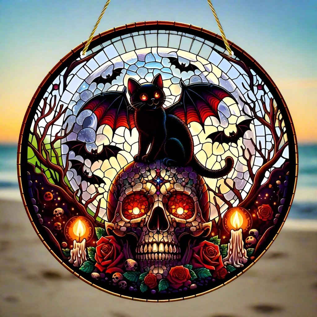 Winged Black Cat Skull Suncatcher Halloween Window Decorations-MoonChildWorld