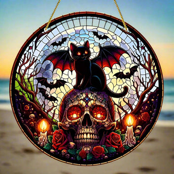 Winged Black Cat Skull Suncatcher Halloween Window Decorations