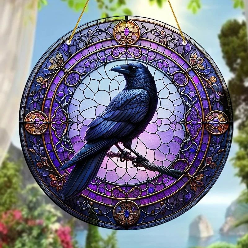 Black Raven Suncatcher Dark Crow Witchy Acrylic Round Sign Gothic Home Decor-MoonChildWorld