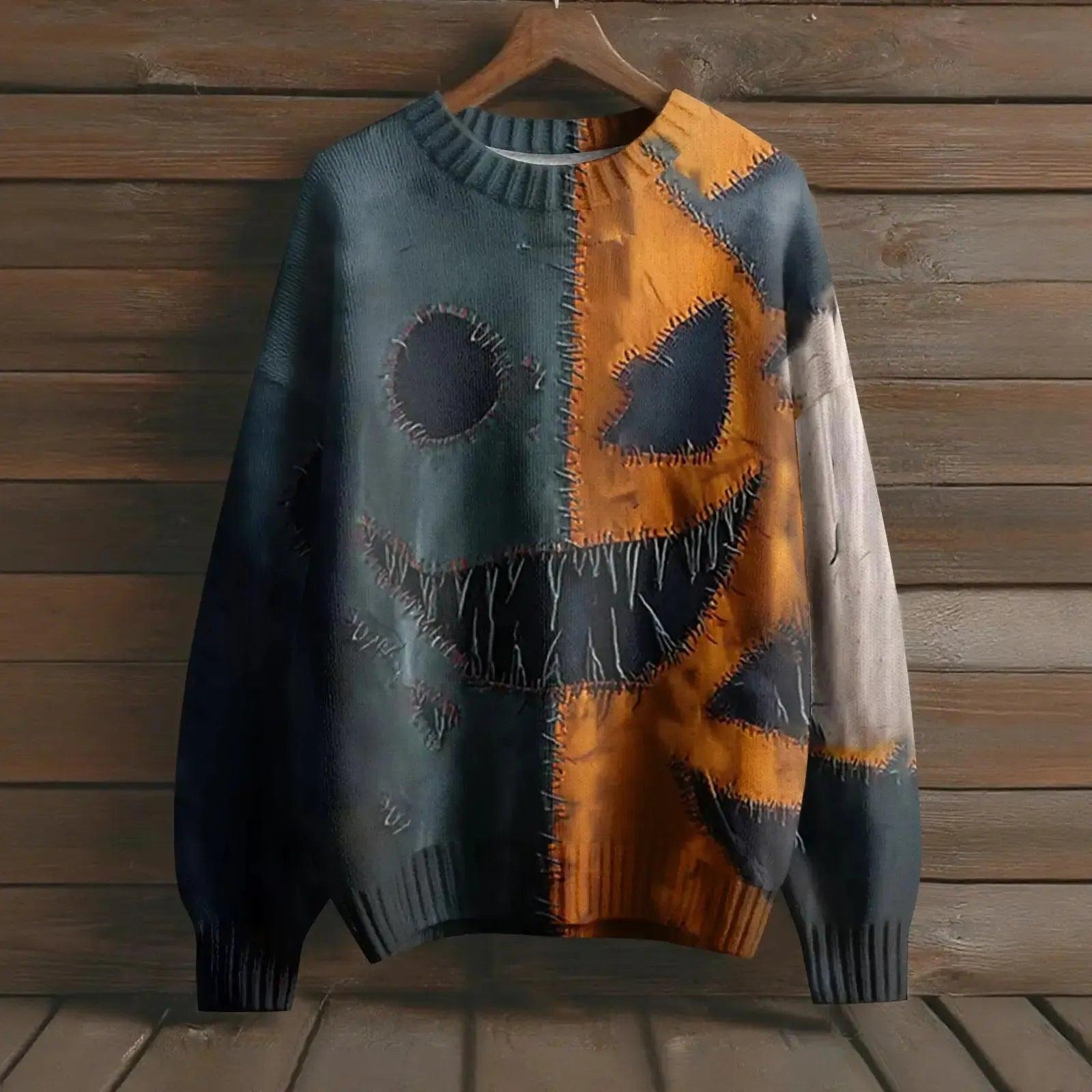 Creepy Pumpkin Long Sleeve Pullover Sweater - Gothic Witch Halloween Sweater-MoonChildWorld