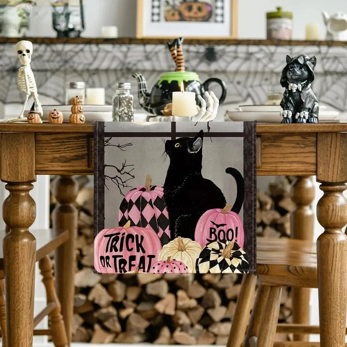 Gothic Black Cat Pumpkins Halloween Linen Table Runners - Trick or Treat Spooky Table Decor for Halloween-MoonChildWorld