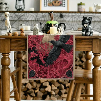 Red Maple Dark Crow Gothic Table Runner for Halloween Table Decor - Witchy Raven Table Runner