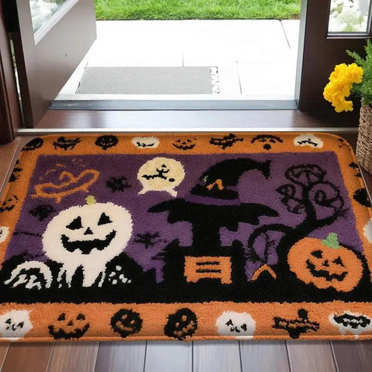 Spooky Halloween Doormat - Cute Ghost, Pumpkin and Black Cat Design Witchy Home Decor