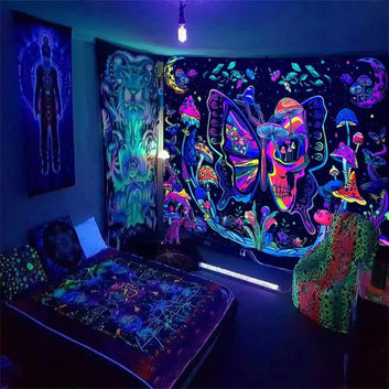 Butterfly skull fluorescent tapestry UV black light plant mushroom flower moon tapestry