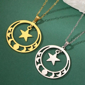 Star Moon Phase Necklace Wiccan Pentagram Lunar Moon Jewelry