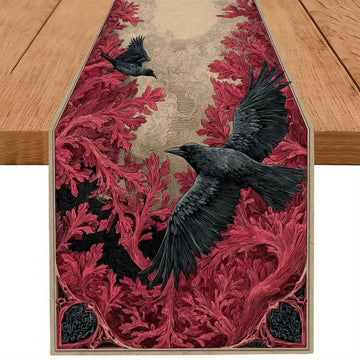 Red Maple Dark Crow Gothic Table Runner for Halloween Table Decor - Witchy Raven Table Runner-MoonChildWorld