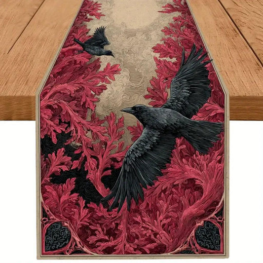 Red Maple Dark Crow Gothic Table Runner for Halloween Table Decor - Witchy Raven Table Runner