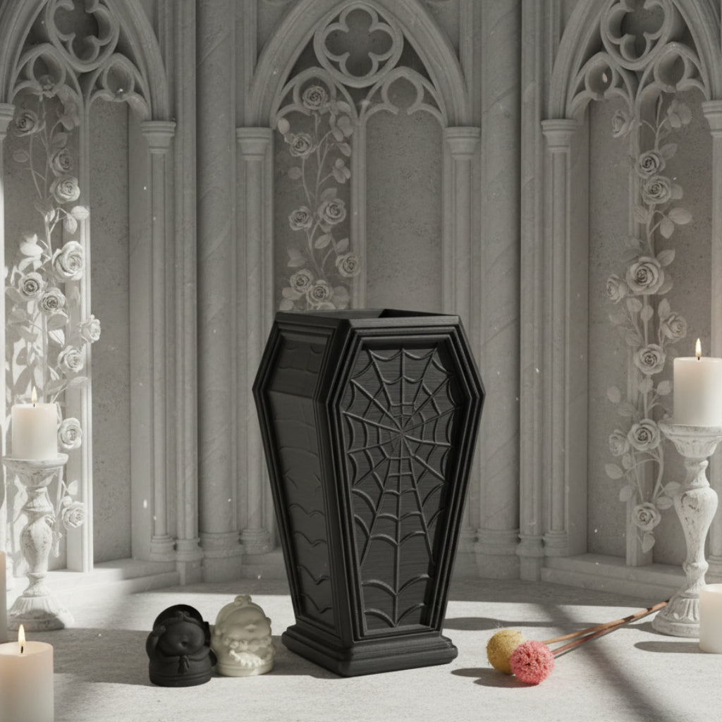 Coffin shaped vase – embossed spider web detail close-up