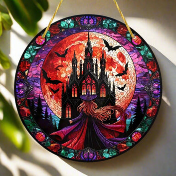 Blood Moon Bat Gothic Suncatcher Witch Acrylic Round Sign Halloween Decor