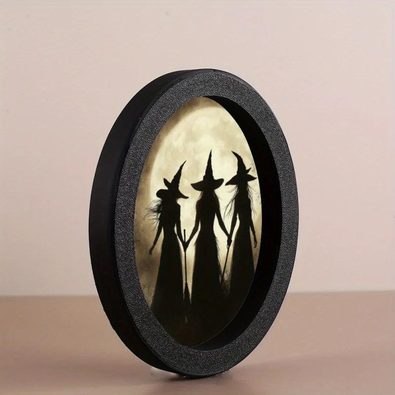 Halloween Witch Silhouette Wall Art - Moon Witch Wooden Oval Frame - Gothic Wall Decoration-MoonChildWorld