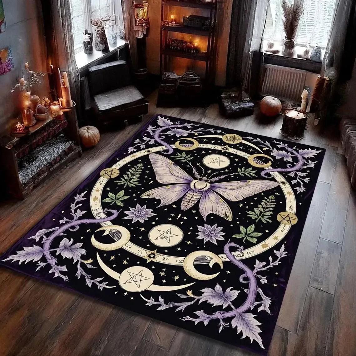 Moon Phases Gothic Moth Rug Witchy Butterfly Carpet-MoonChildWorld