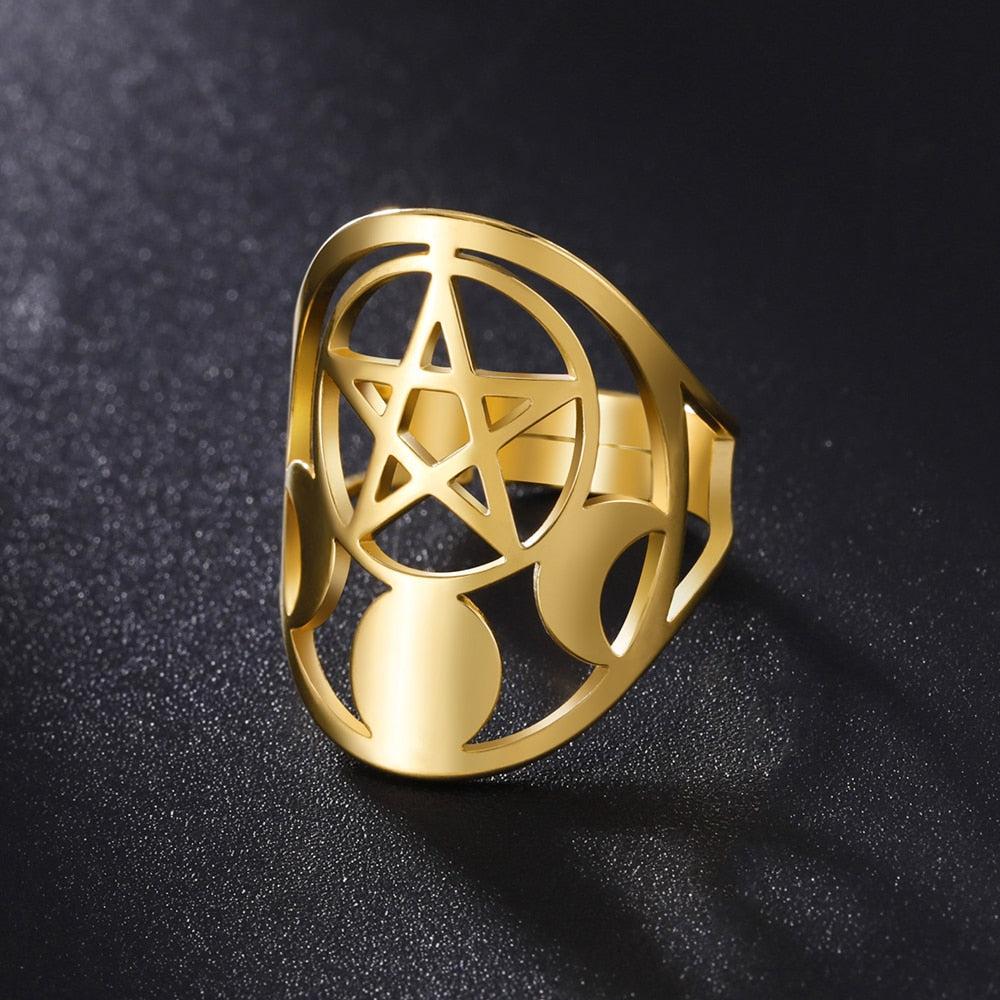 Pentagram Moon Ring Wicca Pagan Jewelry-MoonChildWorld