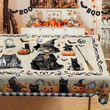 Magic Black Cat Spooky Pumpkin Haunted House Gothic Halloween Tablecloth - Witch Tablecloth Table Decoration