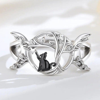 925 Sterling Silver Wicca Triple Moon Ring Black Cat Ring Witchy Jewelry