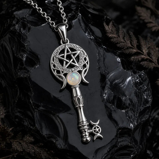 A silver-toned key pendant necklace with a pentagram and crescent moon design, featuring an opal inlay, displayed on a glossy black rock with dried botanicals.