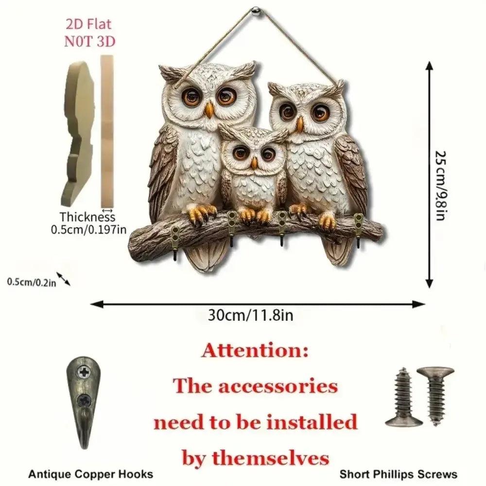 2D Owl Family Wooden Multifunctional Key Holder with Four Metal Hooks-MoonChildWorld