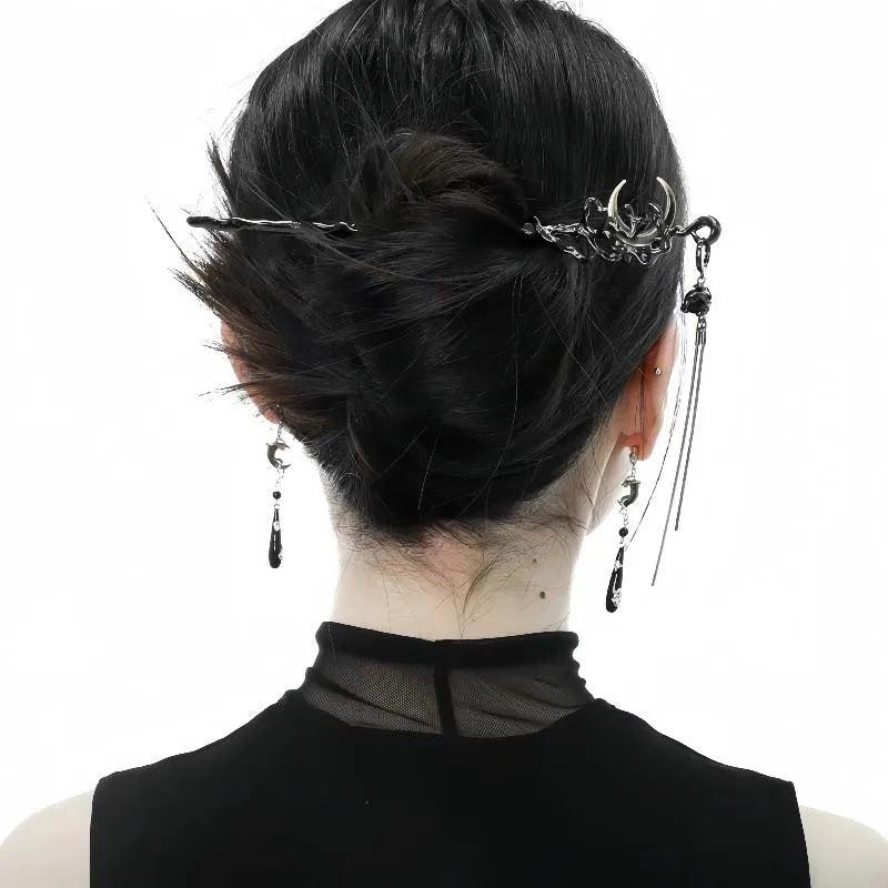 Black Crystal Moon Tassel Hair Stick Gothic Moon Hair Stick Witchy Hair Accessories-MoonChildWorld