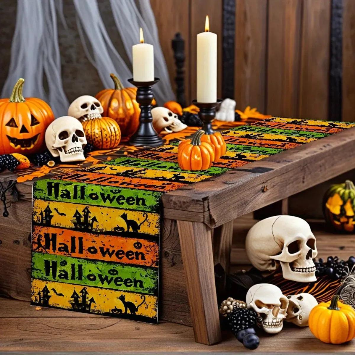 Gothic Halloween Themed Table Runner with Pumpkin, Bat and Haunted House Design-MoonChildWorld