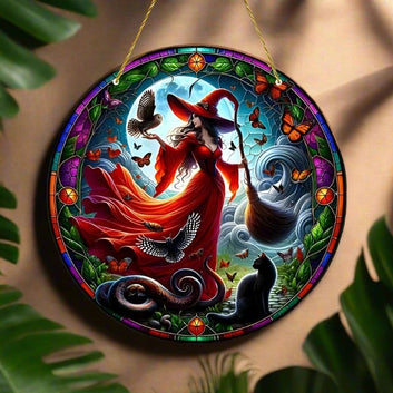 Gothic Witch Suncatcher Halloween Acrylic Round Sign