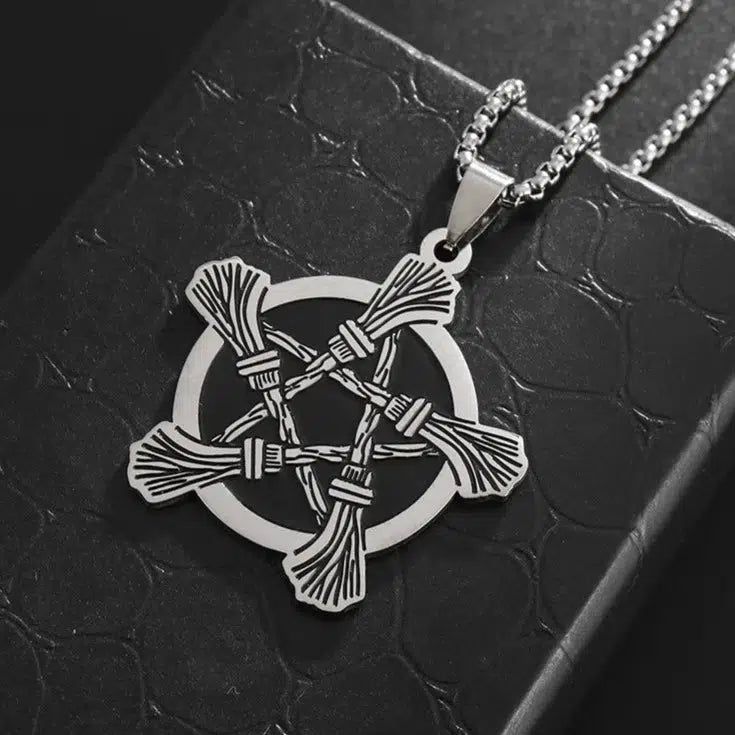 Witch Broom Pentagram Necklace Wiccan Jewelry-MoonChildWorld