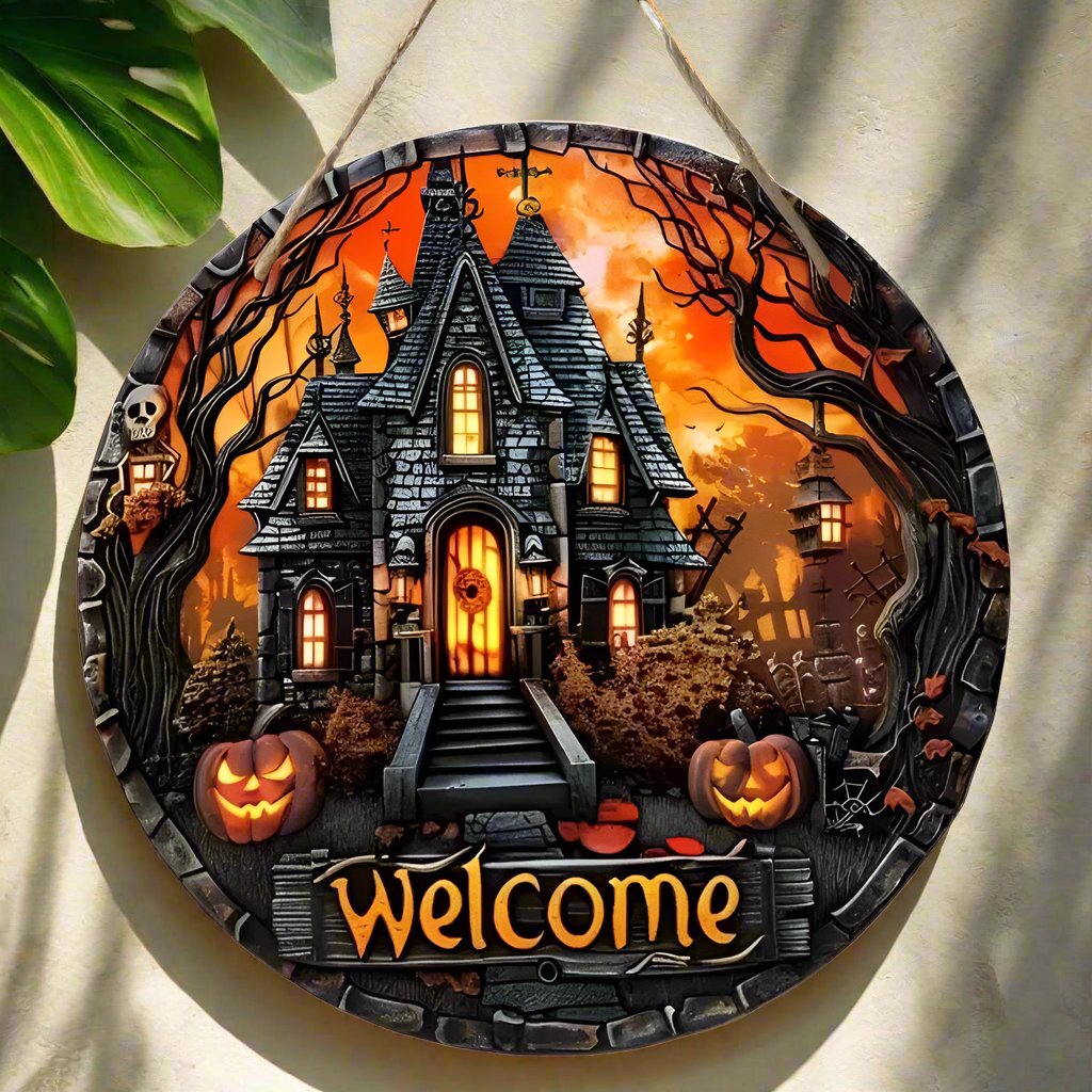 Gothic Haunted House Wooden Sign Witchy Hanging Sign for Halloween-MoonChildWorld