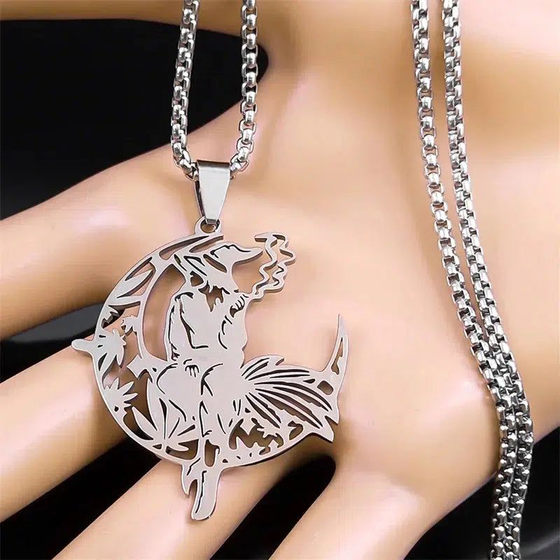 Hat Smoking Witch Moon Necklace Witchy Jewelry-MoonChildWorld