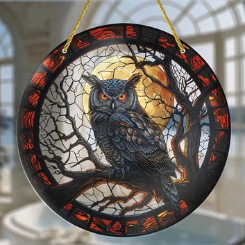 Owl and Moon Suncatcher Gothic Acrylic Sign Halloween Window Decor