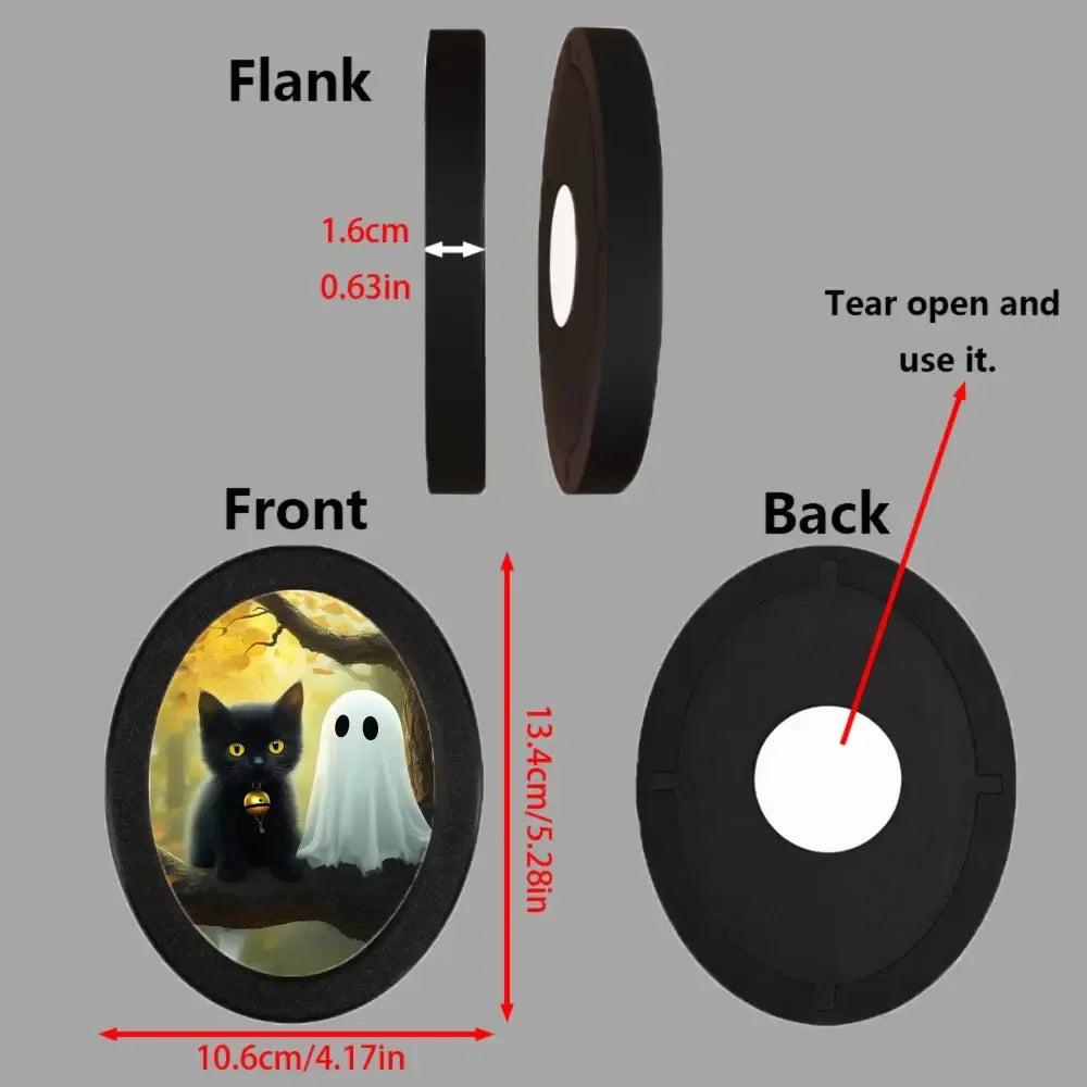 Black Cat and Spooky Ghost Gothic Wooden Oval Frame - Witchy Oval Wall Art for Halloween Wall Decoration-MoonChildWorld
